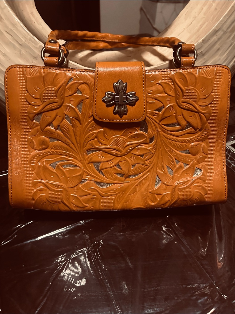 Patricia Nash Orange And Gold Tooled Leather Floral Shoulder Bag